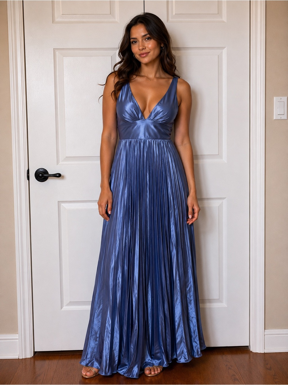 Satin Pleated Maxi Dress in Dusty Blue